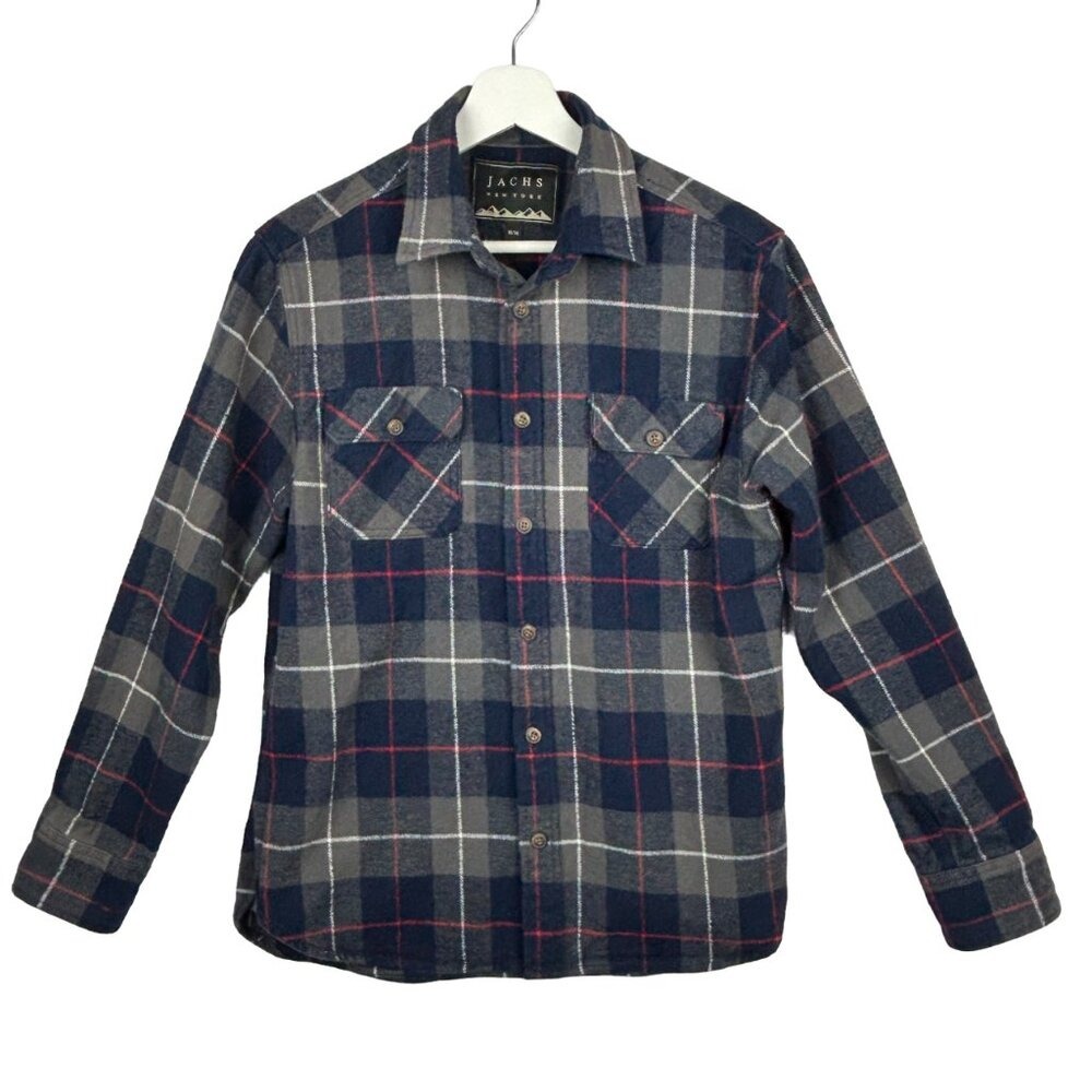 JACHS NY Flannel Shirt Men Medium‎ Plaid Heavyweight Cotton Workwear Blue Grey